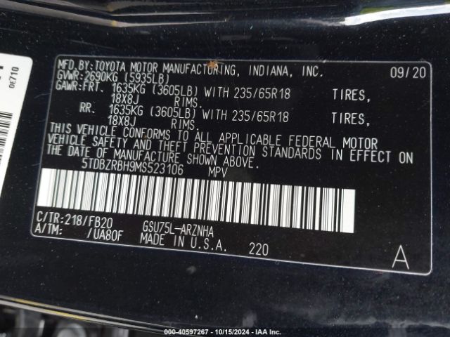 5TDBZRBH9MS523106 Toyota Highlander Le