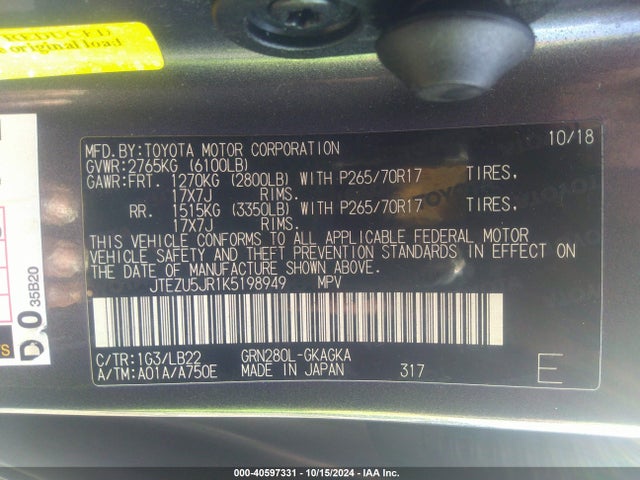 Toyota 4runner Sr5 Premium 2019 JTEZU5JR1K5198949 Image 9