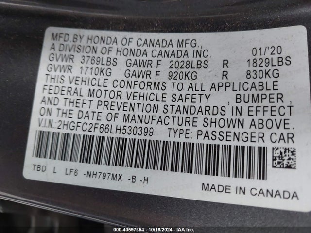 Honda Civic Lx 2020 2HGFC2F66LH530399 Image 9
