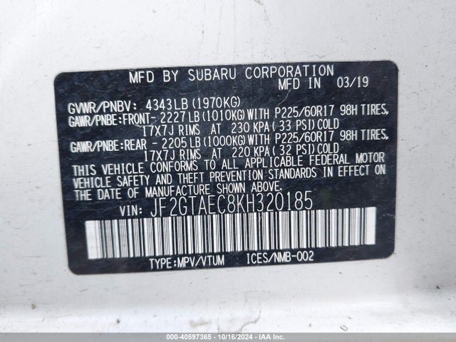 Subaru Crosstrek 2.0i Premium 2019 JF2GTAEC8KH320185 Image 9
