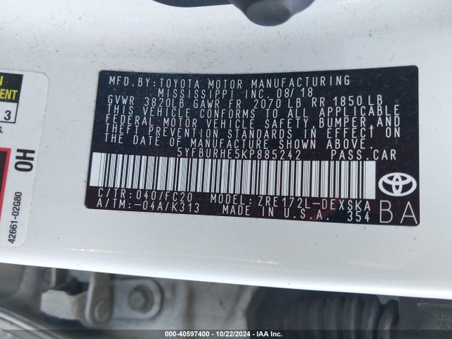 Toyota COROLLA SE 2019 5YFBURHE5KP885242 Image 9