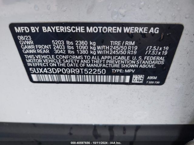 5UX43DP09R9T52250 BMW X3 Sdrive30i