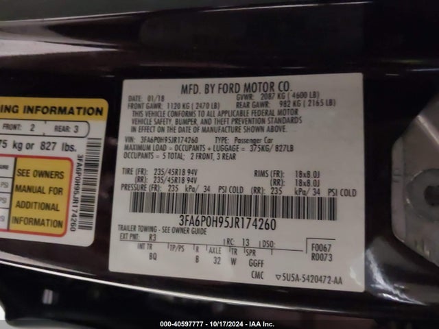 Ford FUSION SE 2018 3FA6P0H95JR174260 Image 9