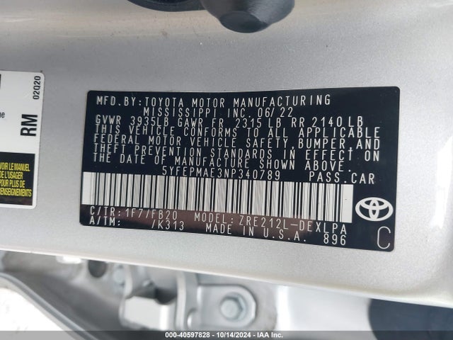 Toyota COROLLA LE 2022 5YFEPMAE3NP340789 Image 9