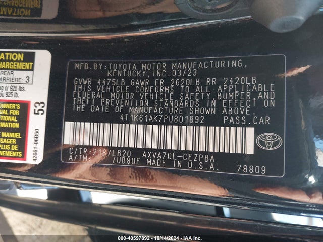 Toyota CAMRY XSE 2023 4T1K61AK7PU801892 Image 9