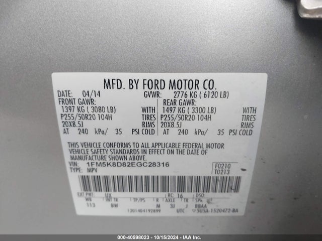 Ford EXPLORER XLT 2014 1FM5K8D82EGC28316 Image 9