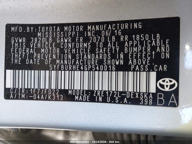 5YFBURHE4GP540016 Toyota 2zr-fe