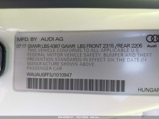 WAUAUGFF3J1010947 Audi A3 2.0t Premium/2.0t Tech Premium
