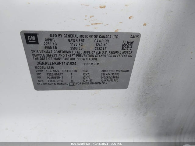 Chevrolet Equinox L 2015 2GNALLEK6F1161934 Image 9