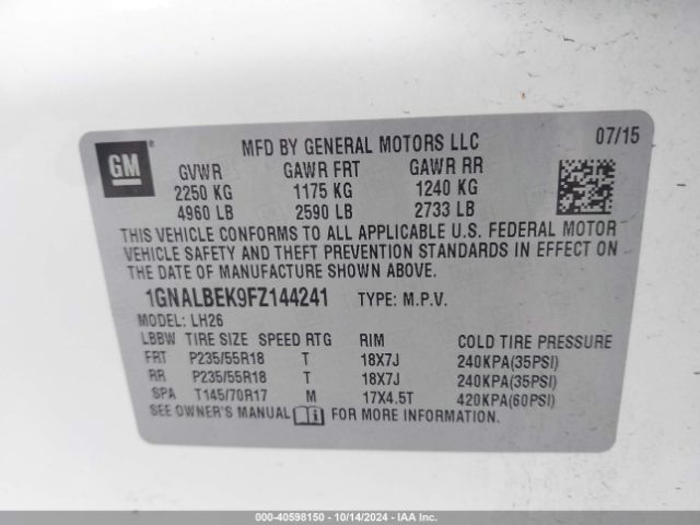1GNALBEK9FZ144241 Chevrolet EQUINOX 1LT