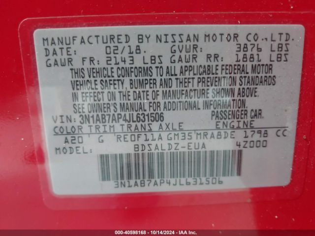 3N1AB7AP4JL631506 Nissan SENTRA SV