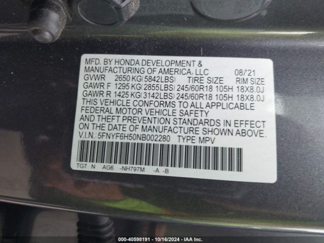5FNYF6H50NB002280 Honda Pilot Awd Ex-l