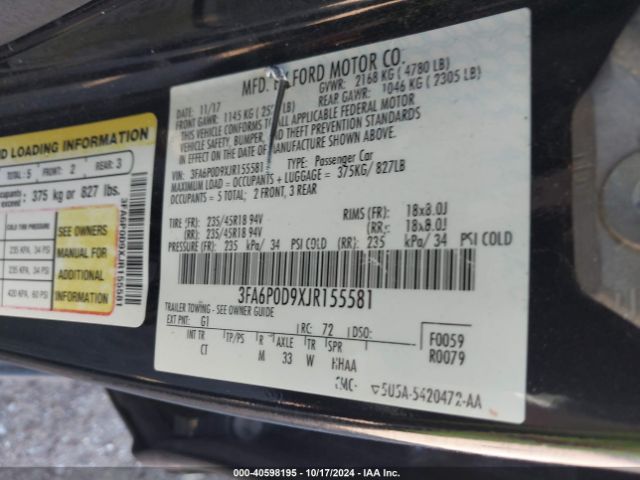 3FA6P0D9XJR155581 Ford Fusion Titanium