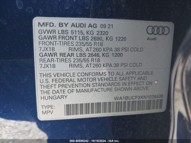 WA1BUCF3XN1026438 Audi Q3 Premium Plus 40 Tfsi Quattro Tiptronic