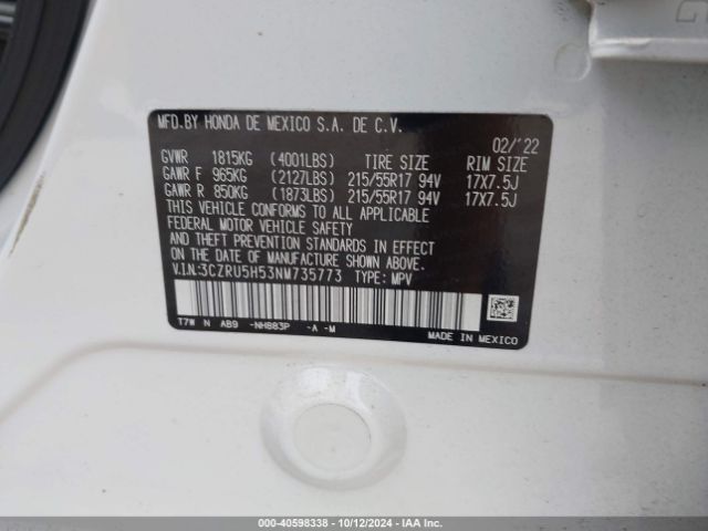 3CZRU5H53NM735773 Honda Hr-v 2wd Ex