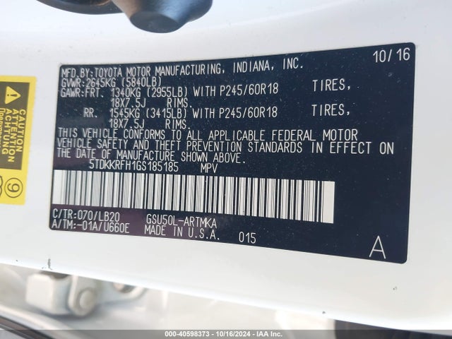 Toyota Highlander Xle V6 2016 5TDKKRFH1GS185185 Image 9