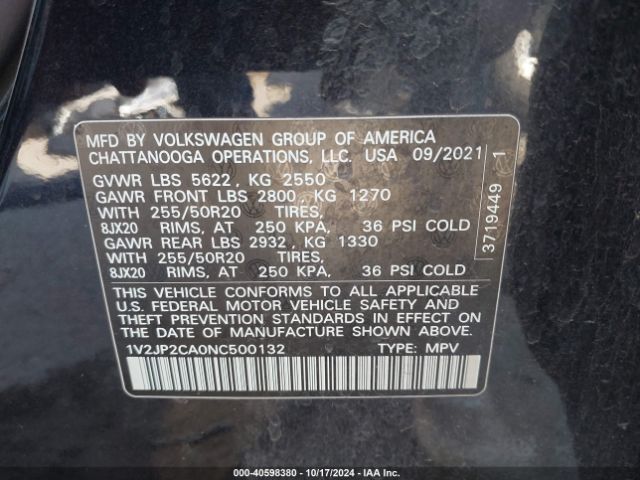 1V2JP2CA0NC500132 Volkswagen Atlas 2.0t Se W/technology