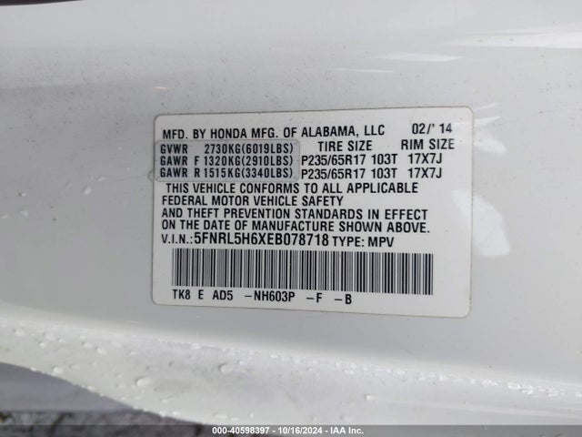 Honda Odyssey Ex-l 2014 5FNRL5H6XEB078718 Image 9