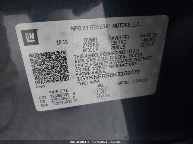 1GYKNFRS6KZ159079 Cadillac Xt5 Premium Luxury