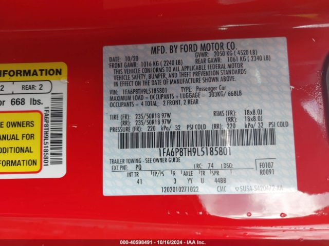 1FA6P8TH9L5185801 Ford Mustang Ecoboost Premium Fastback