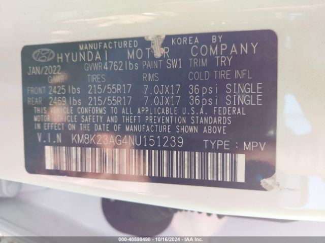 KM8K23AG4NU151239 Hyundai Kona Electric Sel