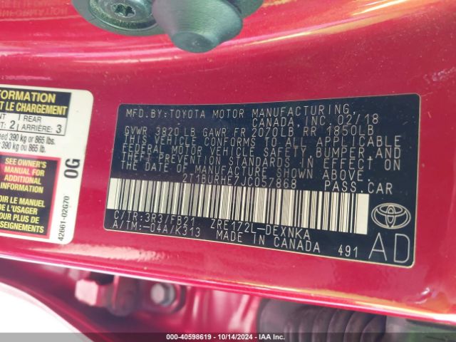 2T1BURHE7JC057868 Toyota COROLLA LE