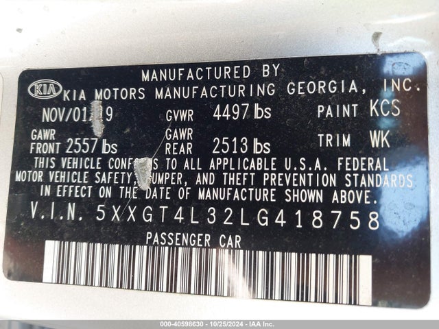 KIA Optima Lx 2020 5XXGT4L32LG418758 Image 9