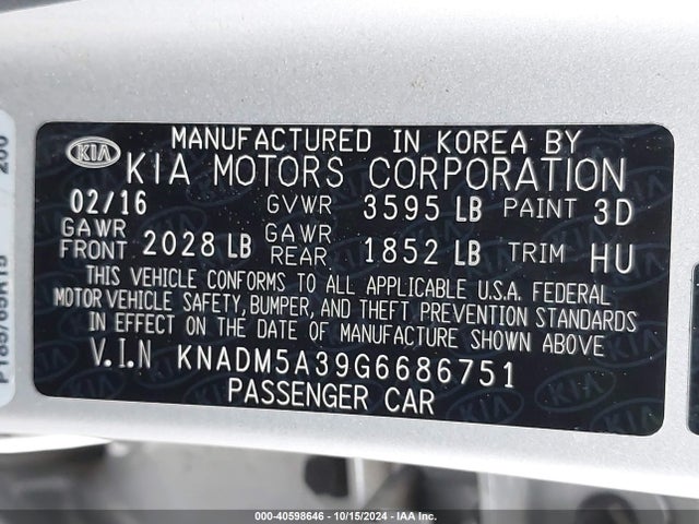 KIA RIO LX 2016 KNADM5A39G6686751 Image 9