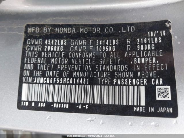 JHMCR6F59HC014481 Honda Accord Hybrid Ex-l