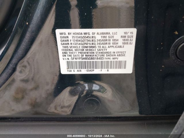 5FNYF5H85GB018403 Honda Pilot Ex-l