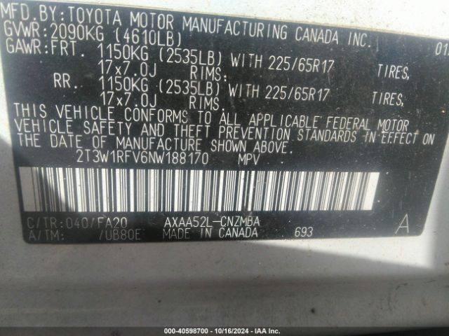 2T3W1RFV6NW188170 Toyota Rav4 Xle
