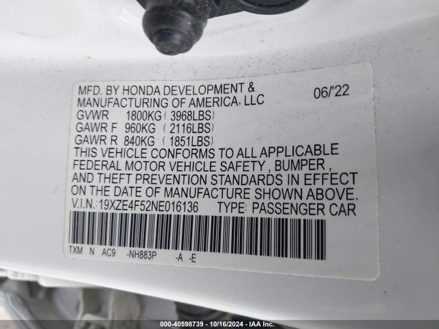 Honda INSIGHT EX 2022 19XZE4F52NE016136 Image 9