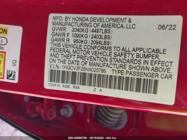 1HGCV3F26NA025786 Honda Accord Hybrid Sport