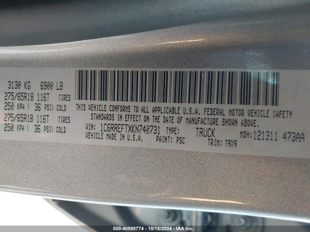 1C6RREFTXKN740731 RAM 1500 Big Horn/lone Star  4x2 5'7 Box