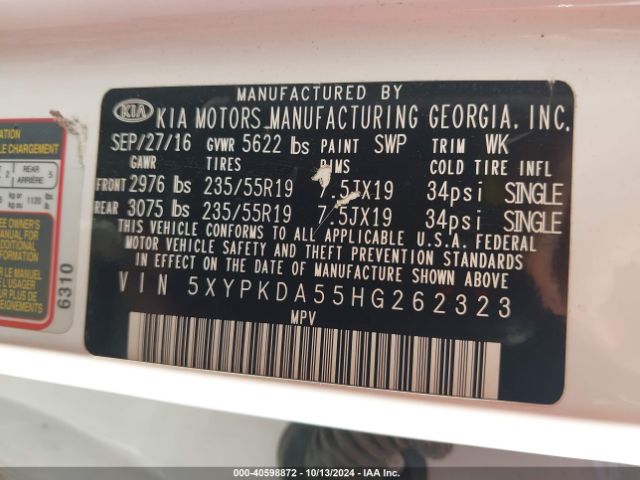 5XYPKDA55HG262323 KIA Sorento 3.3l Sxl