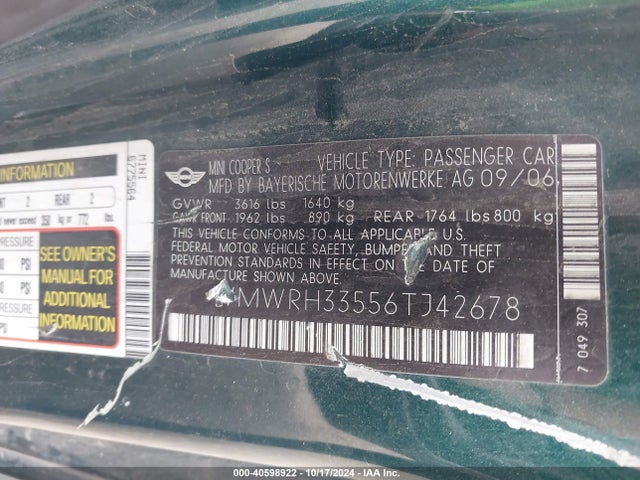2006 MINI COOPER S WMWRH33556TJ42678 Photo 8