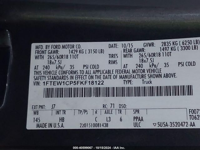 1FTEW1CP5FKF18122 Ford F-150 Lariat