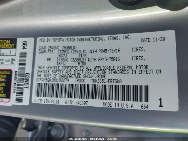 Toyota Tacoma Sr5 2021 5TFAX5GN1MX192279 Image 9