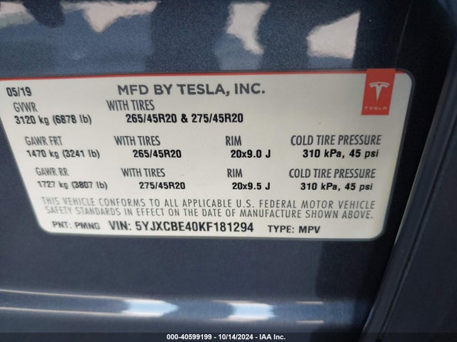 2019 TESLA MODEL X 5YJXCBE40KF181294 Photo 8