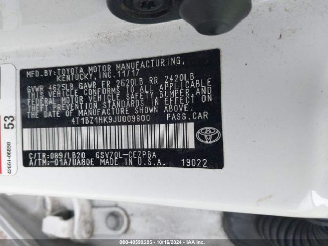 4T1BZ1HK9JU009800 Toyota Camry Xse V6