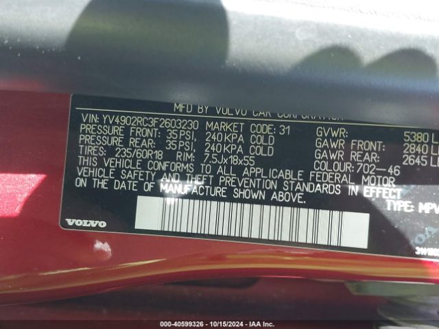 YV4902RC3F2603230 Volvo Xc60 T6 Premier Plus