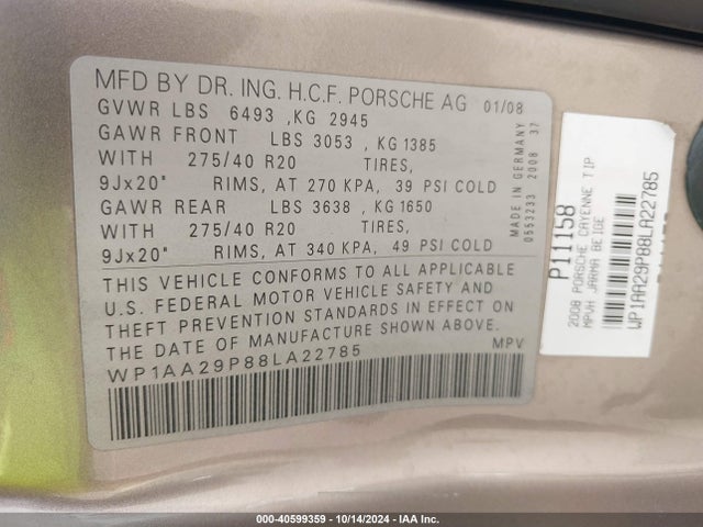 2008 PORSCHE CAYENNE WP1AA29P88LA22785 Photo 8