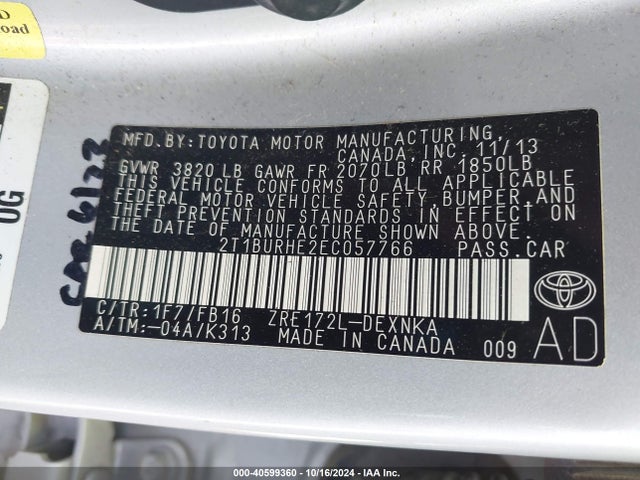 Toyota COROLLA LE 2014 2T1BURHE2EC057766 Image 9