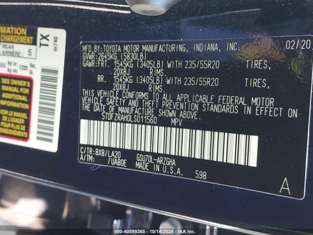 5TDFZRAH0LS011560 Toyota Highlander Platinum