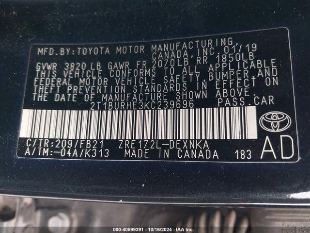 Toyota COROLLA LE 2019 2T1BURHE3KC239696 Image 9