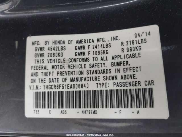 1HGCR6F51EA006840 Honda Accord Hybrid Ex-l