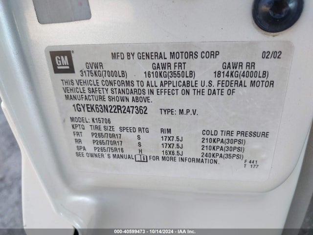 2002 CADILLAC ESCALADE 1GYEK63N22R247362 Photo 8