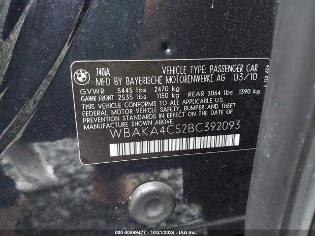 Aukcja sprzedaży 2011 Bmw 740i, vin: WBAKA4C52BC392093, numer aukcji: 40599477