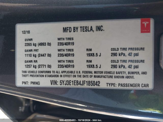 5YJ3E1EB4JF185042 Tesla Model 3 Long Range/performance