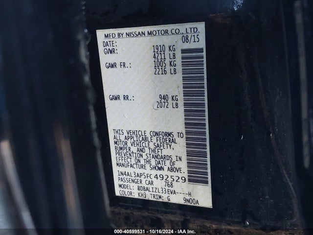 Nissan Altima 2.5 Sv 2015 1N4AL3AP5FC492529 Image 9